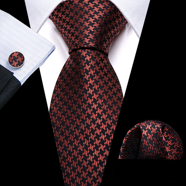 Red Black Novelty Woven Silk Tie Handkerchief Cufflinks Set