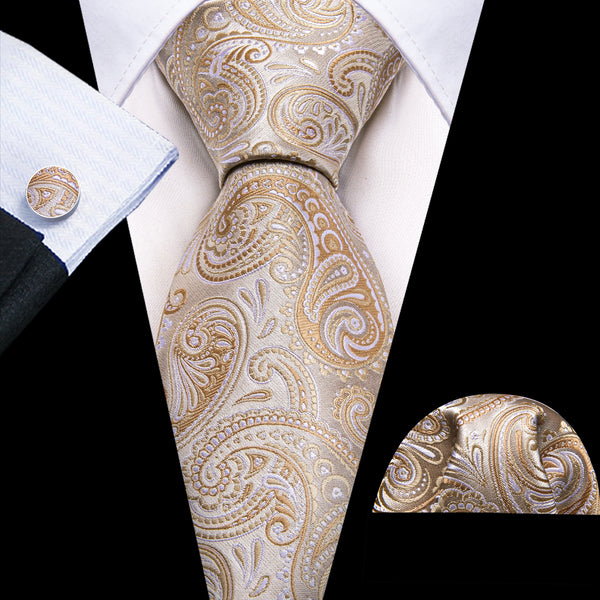Beige Paisley Silk Tie Handkerchief Cufflinks Set