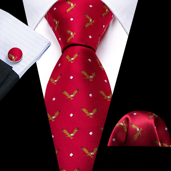 Red Eagle Novelty Silk Necktie Pocket Square Cufflinks Set
