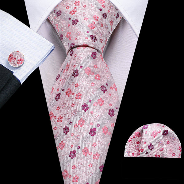 Pink Flowers Floral Mens Tie Handkerchief Cufflinks Set