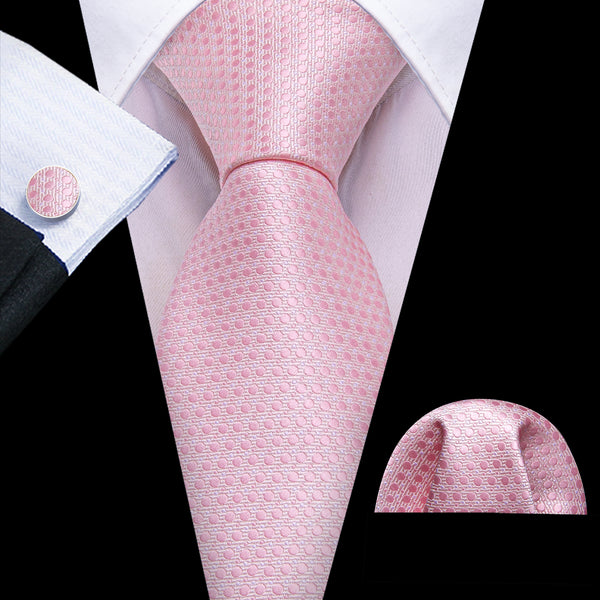 Pink Polka Dot Men Silk Tie Set Pocket Square Cufflinks Set