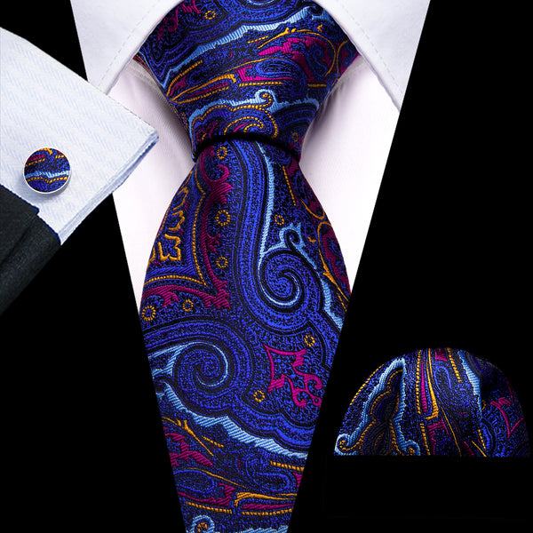 Blue Navy Orange Paisley Silk Tie Handkerchief Cufflinks Set