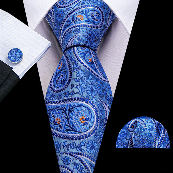 Blue Orange Paisley Silk Tie Handkerchief Cufflinks Set