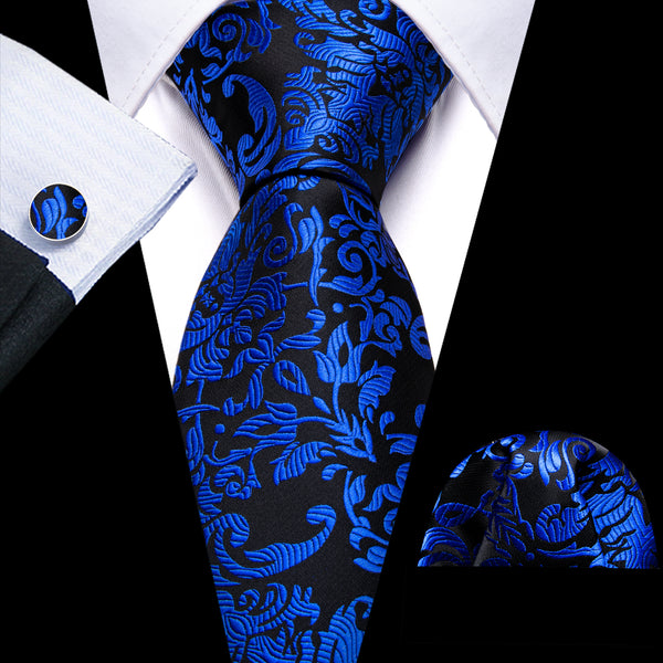  Blue Tie Sapphirine Blue Black Jacquard Floral Silk Tie