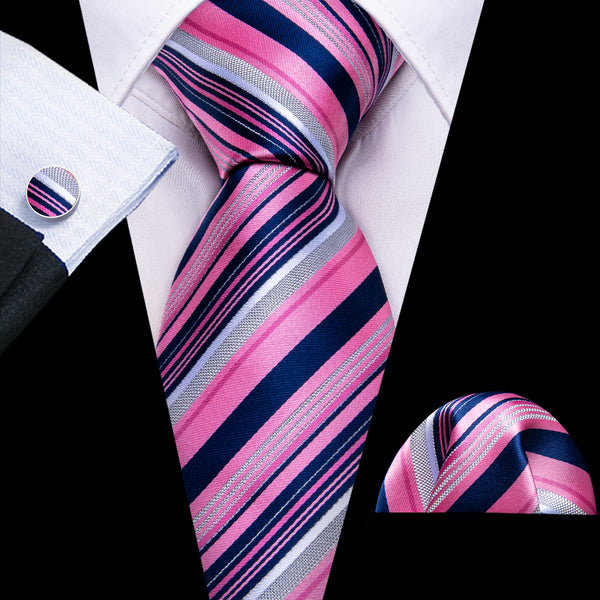 Pink Navy Grey Striped Men's Tie Hanky Cufflinks Set