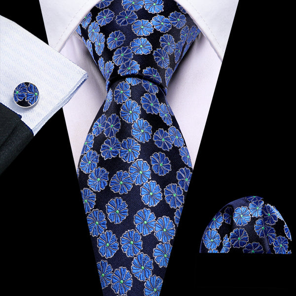 Blue Black Floral Silk Tie Pocket Square Cufflinks Set