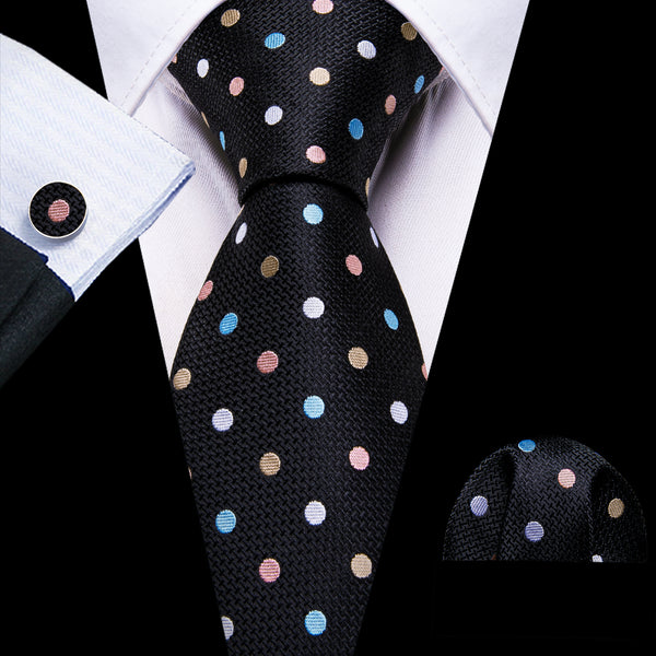 Black Multi-colors Polka Dot Men's Necktie Hanndkerchief Cufflinks Set