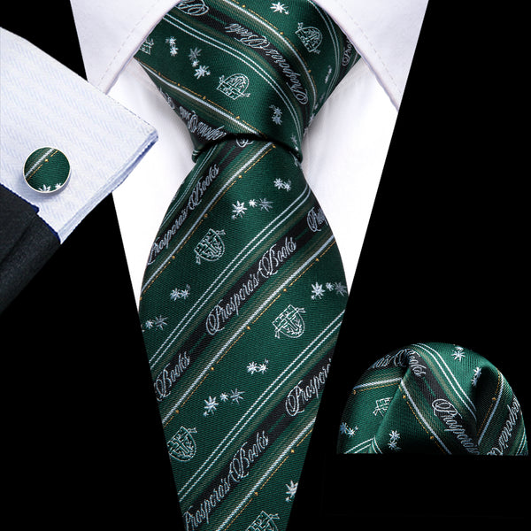 Dark Green White Striped Novelty Men's Silk Necktie Pocket Square Cufflinks Set