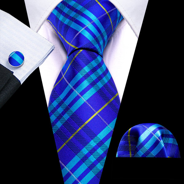 Blue Teal Yellow Plaid Silk Men's Tie Hanky Cufflinks Set