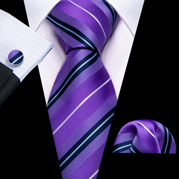 Purple Black White Striped Men's Necktie Hanky Cufflinks Set