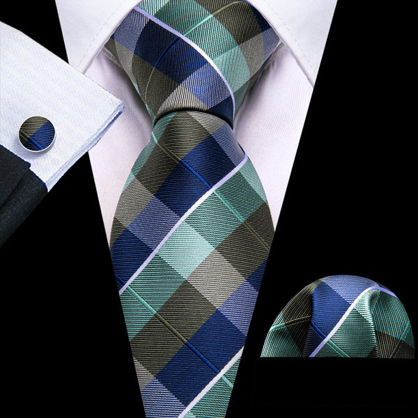 Blue Green Brown Plaid Men's Tie Pocket Square Cufflinks Set