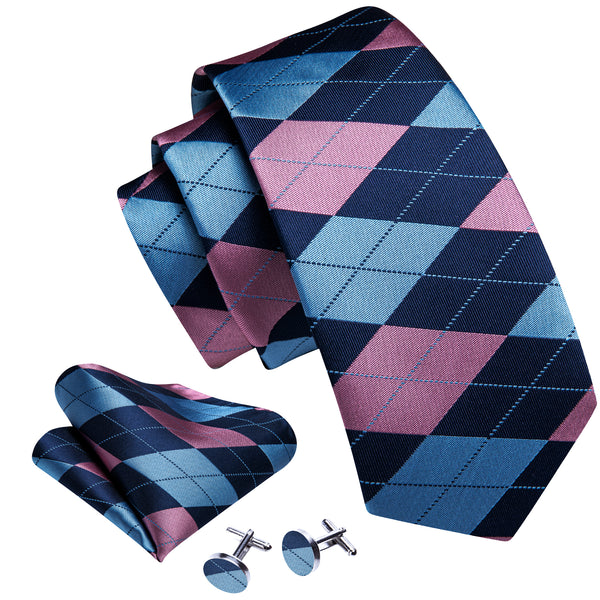 Pink Blue Navy Plaid Men's Necktie Hanky Cufflinks Set