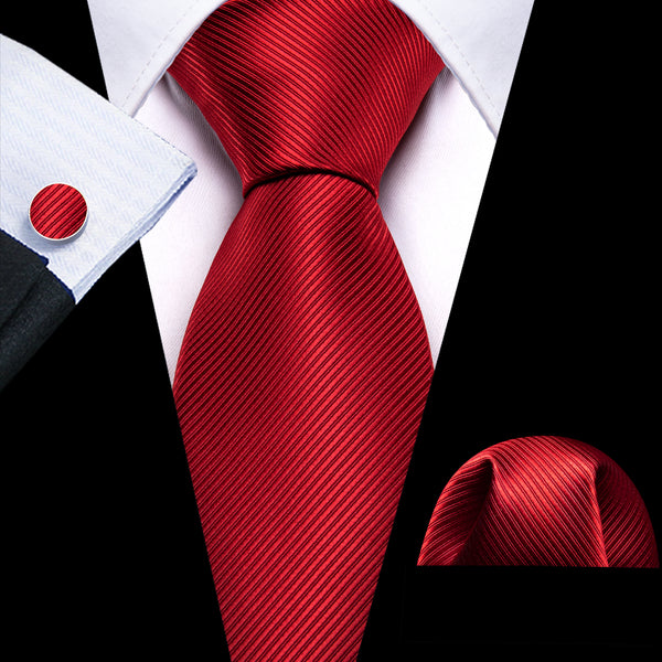 Red Solid Men's Silk Necktie Handkerchief Cufflinks Set