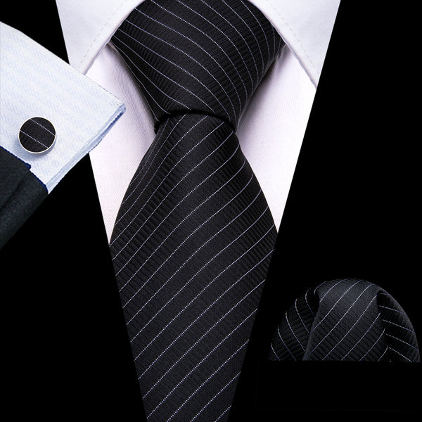 Black Striped Men's Necktie Handkerchief Cufflinks Set