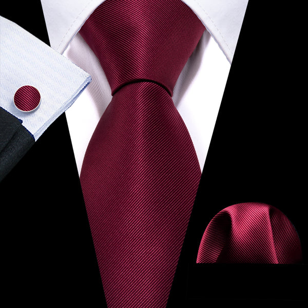 Burgundy Red Solid Men's Silk Necktie Hanky Cufflinks Set