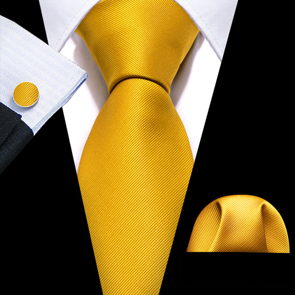 Baby Yellow Solid Silk Men Necktie Hanky Cufflinks Set