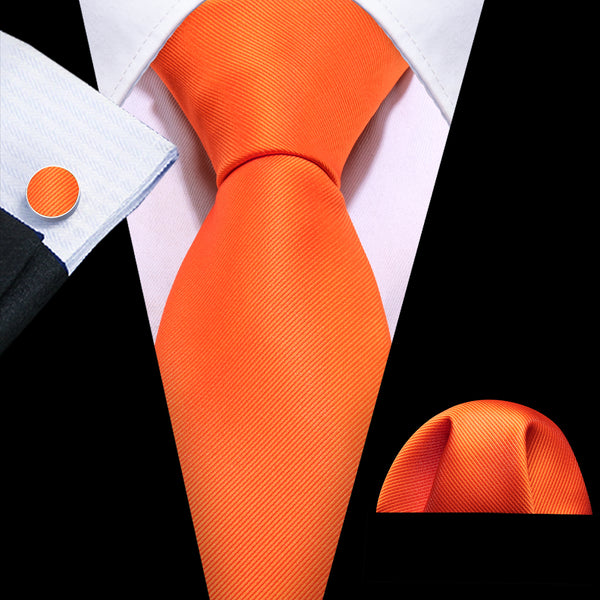 Orange Solid Men's Silk Necktie Handkerchief Cufflinks Set