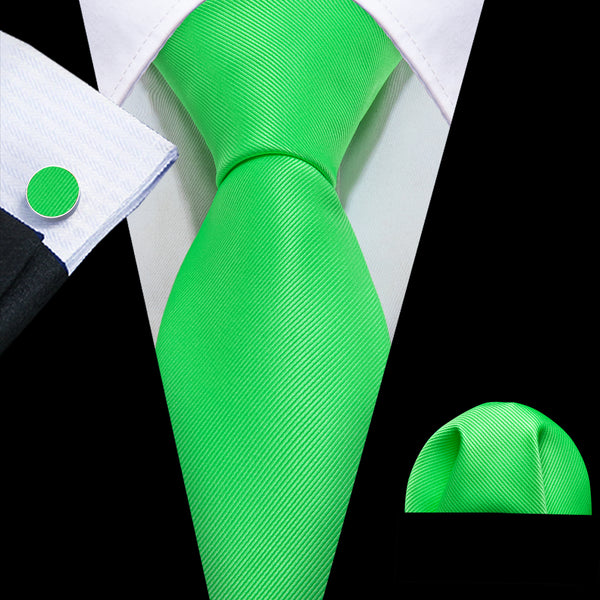 Shiny Green Solid Silk Tie Handkerchief Cufflinks Set