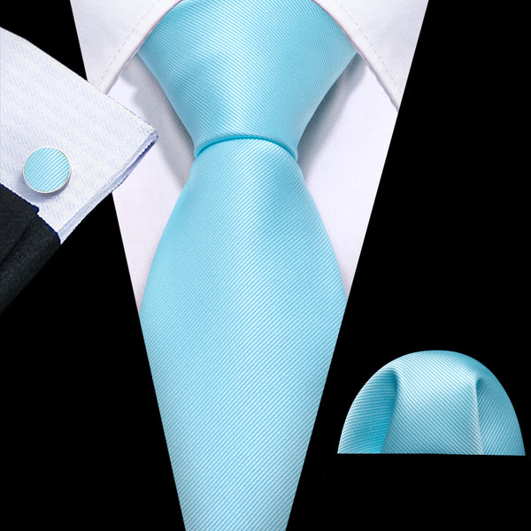 Bright Blue Solid Mens Silk Necktie Pocket Square Cufflinks Set