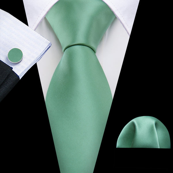 Green Solid Silk Tie Hanky Cufflinks Set