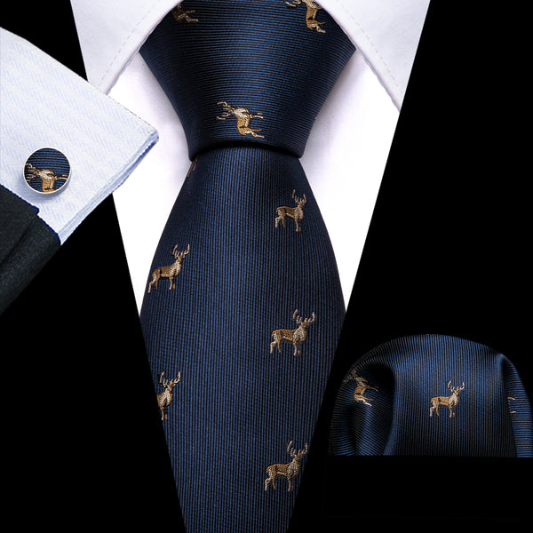Navy Blue Novelty Deer Men's Necktie Hanky Cufflinks Set