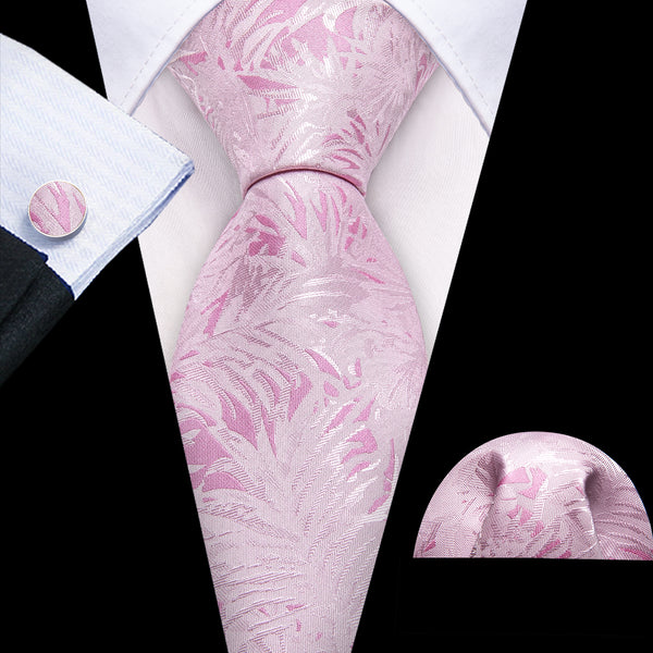 Light Pink Floral Men's Silk Tie Hanky Cufflinks Set