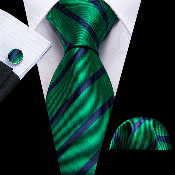 Green Navy Striped Silk Men's Tie Pocket Square Cufflinks Set