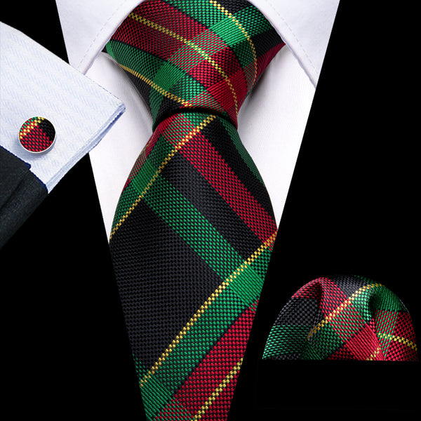 Black Red Green Plaid Men's Tie Hanky Cufflinks Set