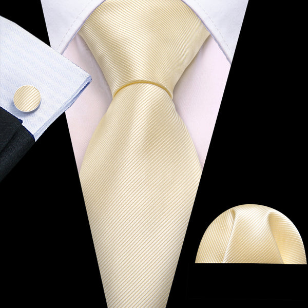 Beige Solid Silk Men's Necktie Pocket Square Cufflinks Set