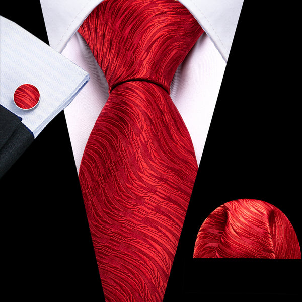 Red Woven Men's Silk Necktie Hanky Cufflinks Set