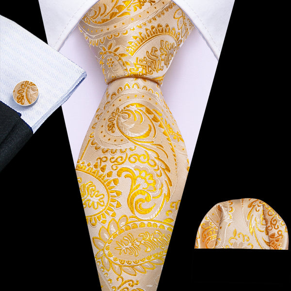 Yellow Paisley Silk Necktie Pocket Square Cufflinks Set