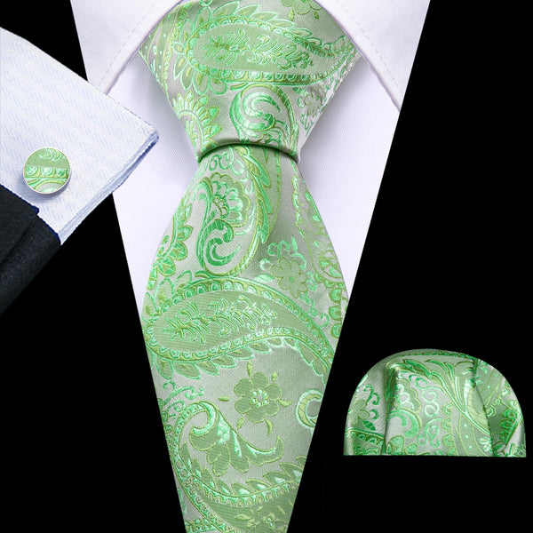 Green Paisley Flower Silk Necktie Pocket Square Cufflinks Set