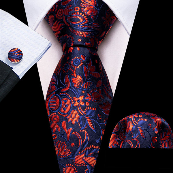 Red Navy Floral Men's Necktie Handkerchief Cufflinks Set