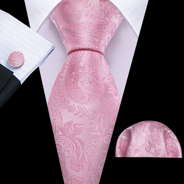 Pink Paisley Flower Silk Necktie Pocket Square Cufflinks Set