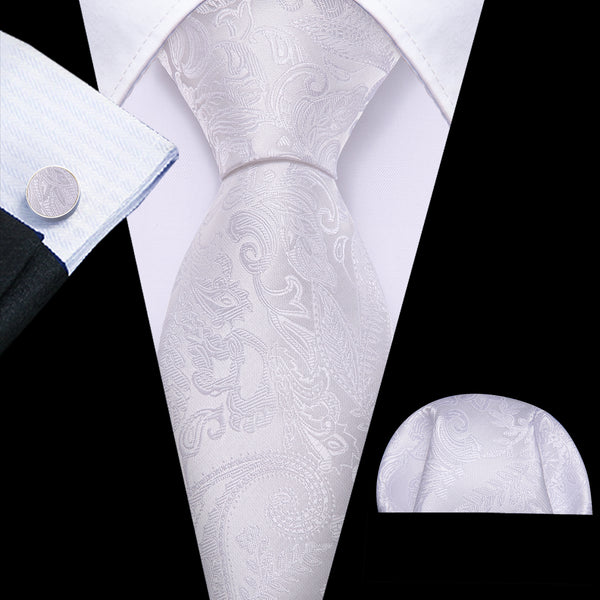 White Paisley Flower Silk Necktie Pocket Square Cufflinks Set