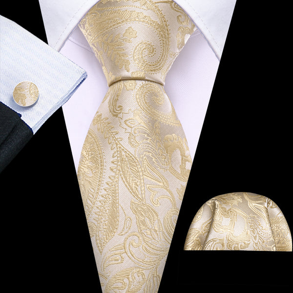 Beige Paisley Flower Silk Necktie Pocket Square Cufflinks Set
