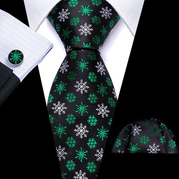 Christmas Black Green White Snow Floral Men's Tie Pocket Square Cufflinks Set