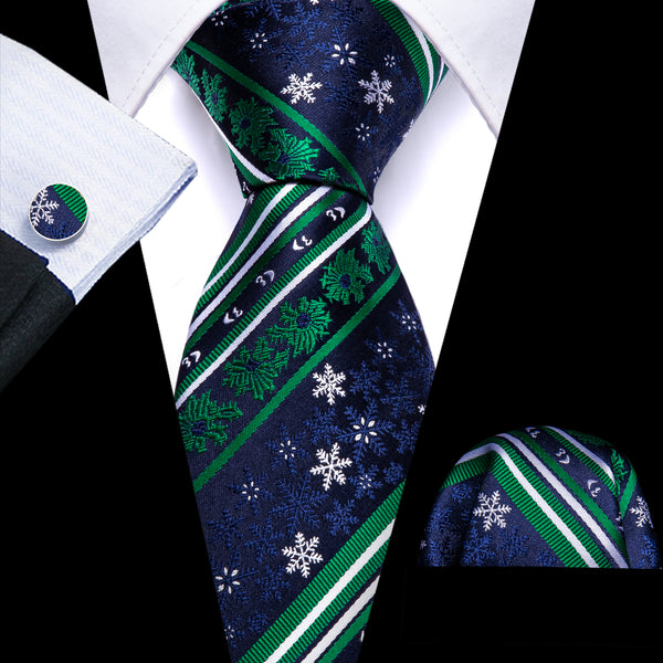 Christmas Dark Blue Green White Snow Striped Men's Tie Pocket Square Cufflinks Set
