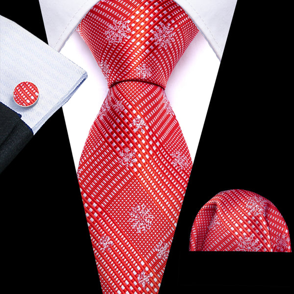 Christmas Red White Snow Plaid Men's Tie Pocket Square Cufflinks Set