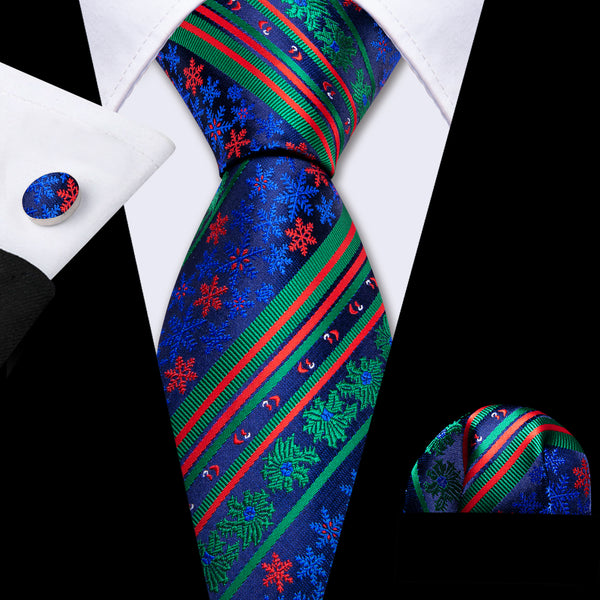 Christmas Blue Green Snowflakes Silk Men's Necktie Pocket Square Cufflinks Set