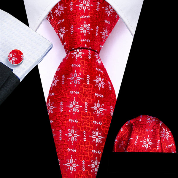 Christmas Red White Snow Floral Men's Tie Pocket Square Cufflinks Set