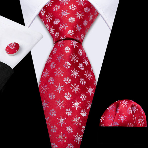 Christmas Red Snowflakes Silk Men's Necktie Pocket Square Cufflinks Set