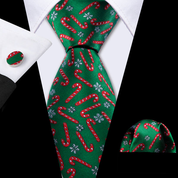 Christmas Green Red Cain Silk Men's Necktie Pocket Square Cufflinks Set