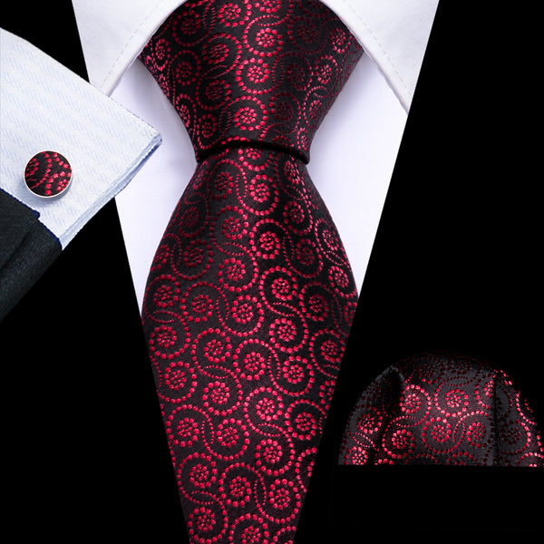 Maroon Red Spiral Dots Geometric Silk Men's Necktie Pocket Square Cufflinks Set