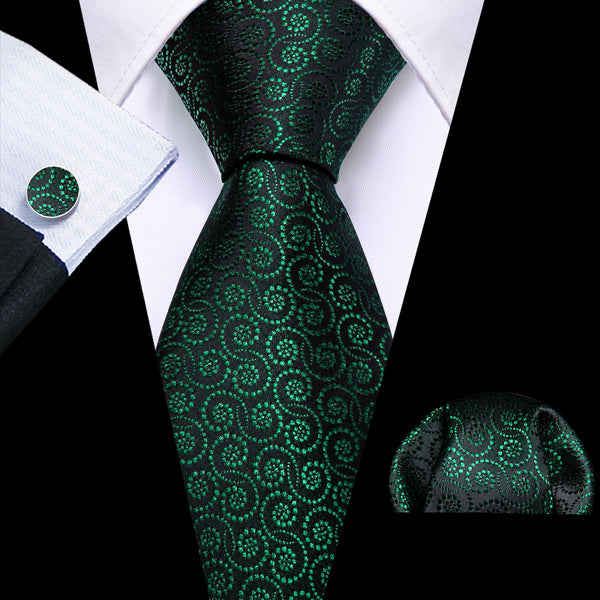 Dark Green Black Polka Dot Men's Tie Pocket Square Cufflinks Set