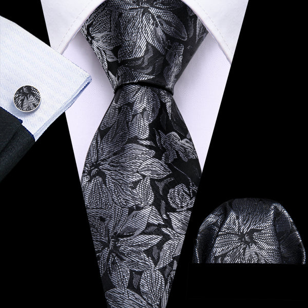 Grey Black Floral Men's Tie Pocket Square Cufflinks Set