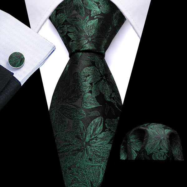 Dark Green Black Floral Men's Necktie Hanky Cufflinks Set