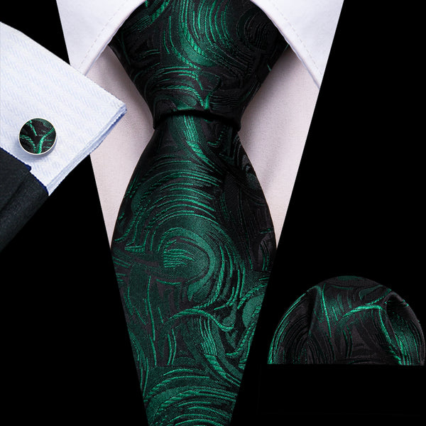 Green Black Floral Men's Necktie Handkerchief Cufflinks Set
