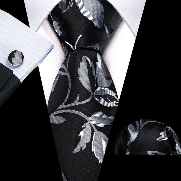 Black Grey White Floral Men's Silk Tie Hanky Cufflinks Set