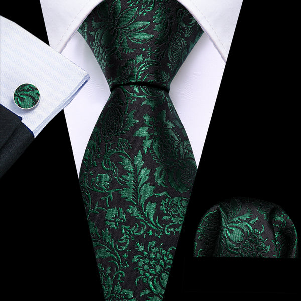 Dark Green Black Floral Men's Tie Pocket Square Cufflinks Set